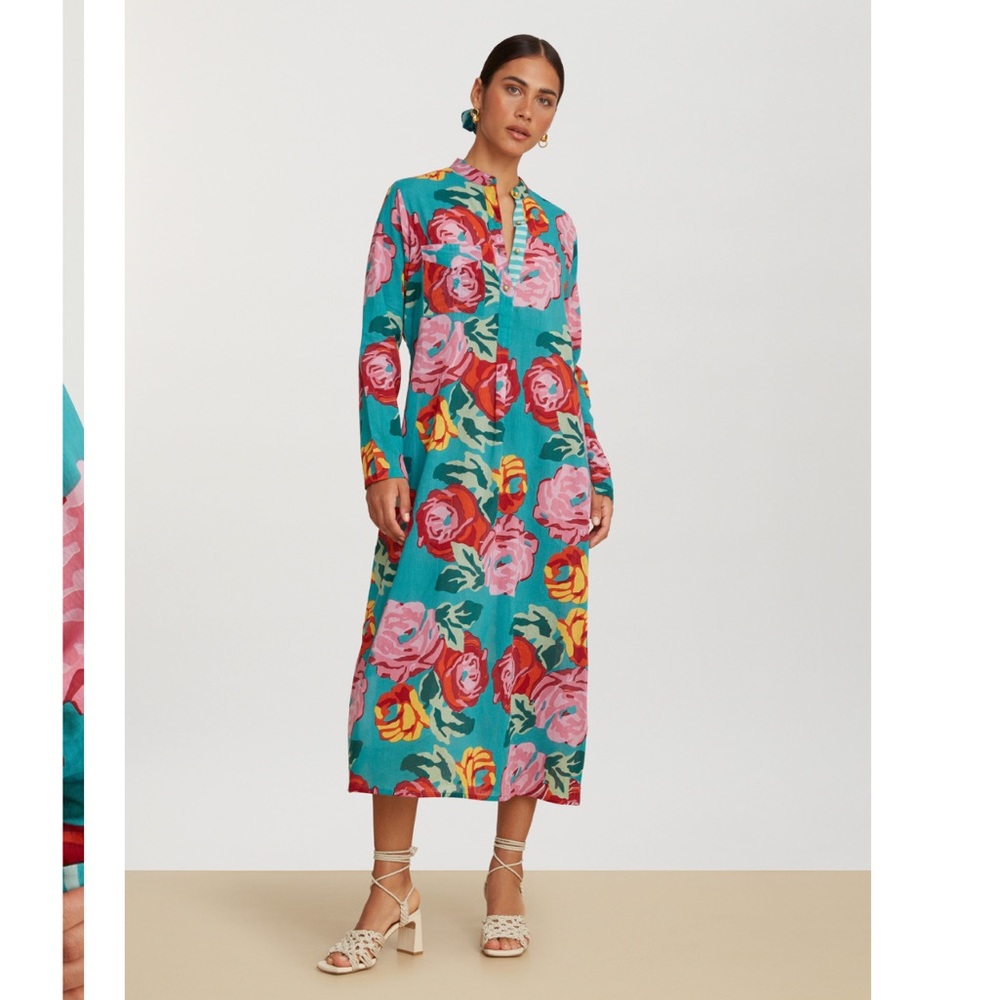 Floral Teal Long Sleeve Midi Dress